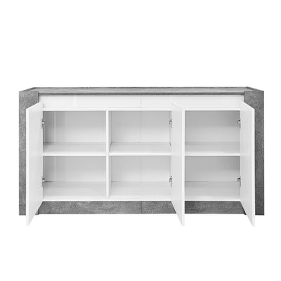 Buffet Moderne Blanc Brillant et Gris Ciment avec Rangement Spacieux et Étagères Ajustables ARKUNS