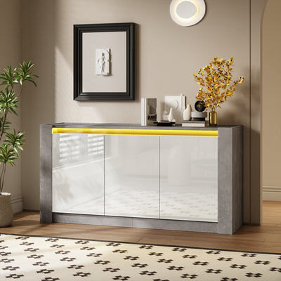 Buffet Moderne Blanc Brillant et Gris Ciment avec Rangement Spacieux et Étagères Ajustables ARKUNS