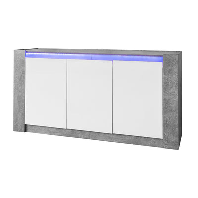 Buffet Moderne Blanc Brillant et Gris Ciment avec Rangement Spacieux et Étagères Ajustables ARKUNS