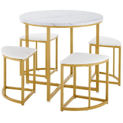 Ensemble Table à Manger Ronde Blanche et Or avec 4 Chaises en Velours Gris - Design Moderne et Compact ATEIX WHITE