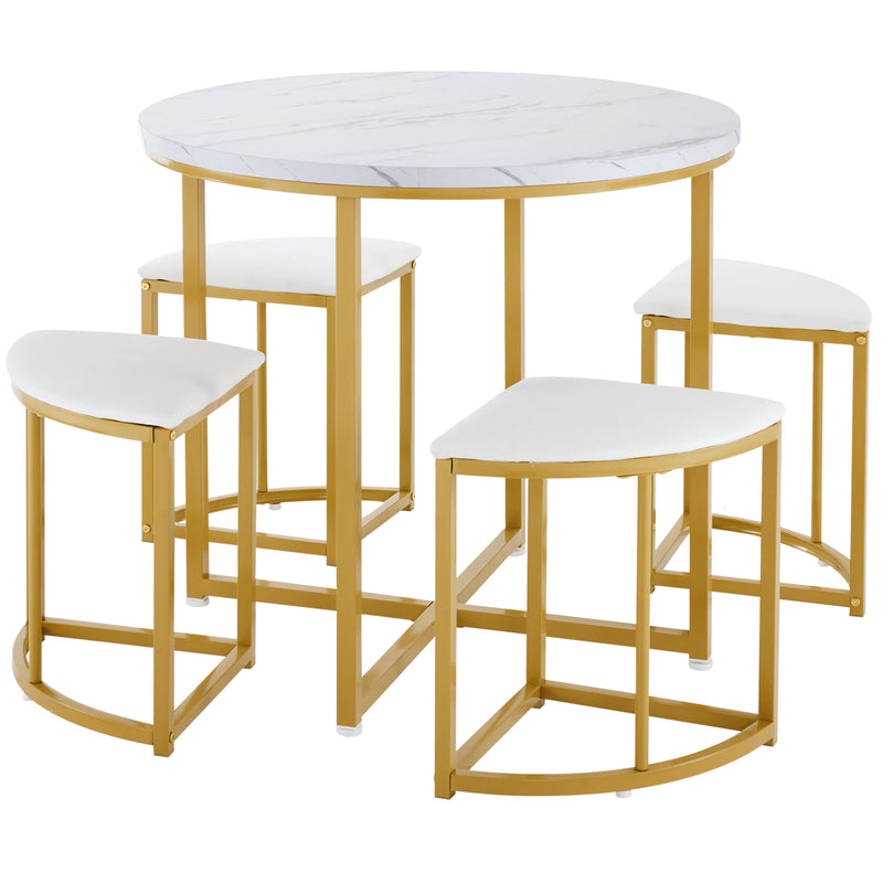 Ensemble Table à Manger Ronde Blanche et Or avec 4 Chaises en Velours Gris - Design Moderne et Compact ATEIX WHITE