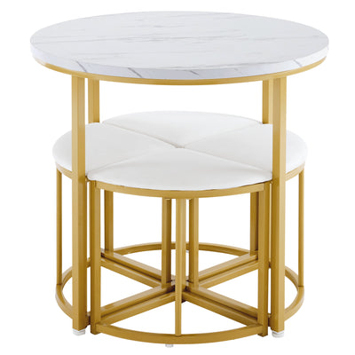 Ensemble Table à Manger Ronde Blanche et Or avec 4 Chaises en Velours Gris - Design Moderne et Compact ATEIX WHITE