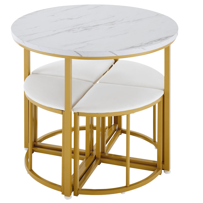 Ensemble Table à Manger Ronde Blanche et Or avec 4 Chaises en Velours Gris - Design Moderne et Compact ATEIX WHITE