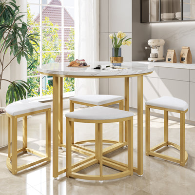 Ensemble Table à Manger Ronde Blanche et Or avec 4 Chaises en Velours Gris - Design Moderne et Compact ATEIX WHITE