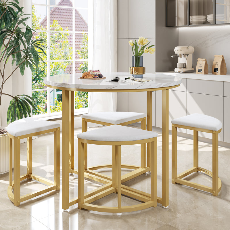Ensemble Table à Manger Ronde Blanche et Or avec 4 Chaises en Velours Gris - Design Moderne et Compact ATEIX WHITE