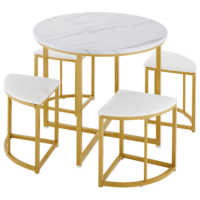 Ensemble Table à Manger Ronde Blanche et Or avec 4 Chaises en Velours Gris - Design Moderne et Compact ATEIX WHITE