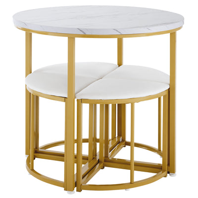 Ensemble Table à Manger Ronde Blanche et Or avec 4 Chaises en Velours Gris - Design Moderne et Compact ATEIX WHITE