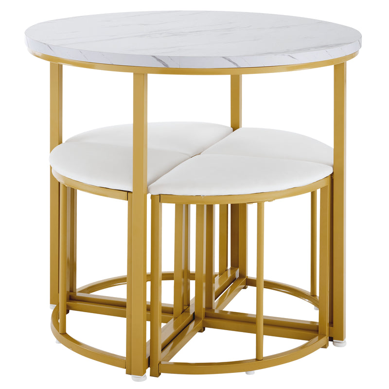 Ensemble Table à Manger Ronde Blanche et Or avec 4 Chaises en Velours Gris - Design Moderne et Compact ATEIX WHITE