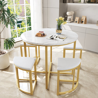 Ensemble Table à Manger Ronde Blanche et Or avec 4 Chaises en Velours Gris - Design Moderne et Compact ATEIX WHITE