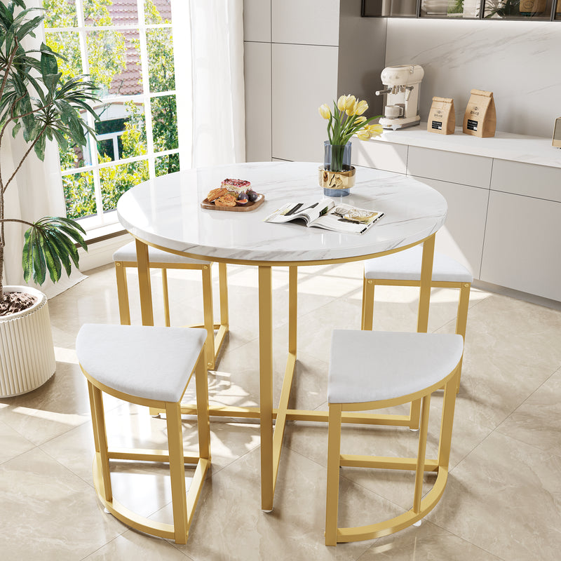 Ensemble Table à Manger Ronde Blanche et Or avec 4 Chaises en Velours Gris - Design Moderne et Compact ATEIX WHITE