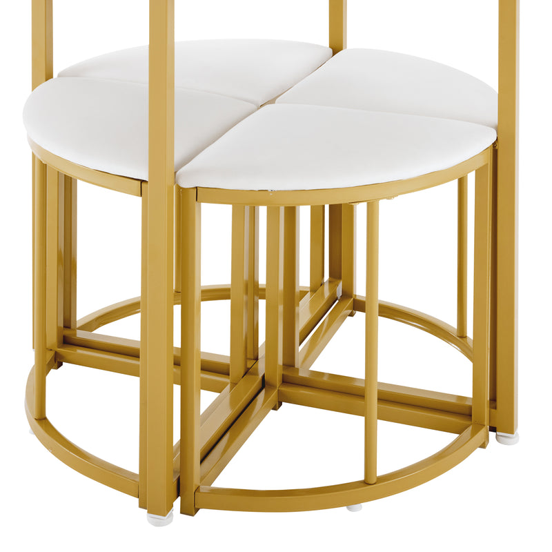Ensemble Table à Manger Ronde Blanche et Or avec 4 Chaises en Velours Gris - Design Moderne et Compact ATEIX WHITE