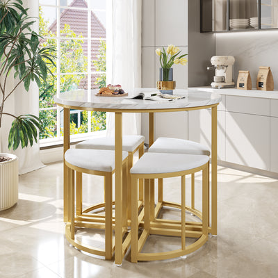 Ensemble Table à Manger Ronde Blanche et Or avec 4 Chaises en Velours Gris - Design Moderne et Compact ATEIX WHITE