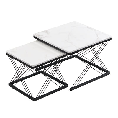 Set de 2 Tables Basses Carrées Effet Marbre Blanc et Noir - Design Moderne avec Pieds Réglables AVEDS