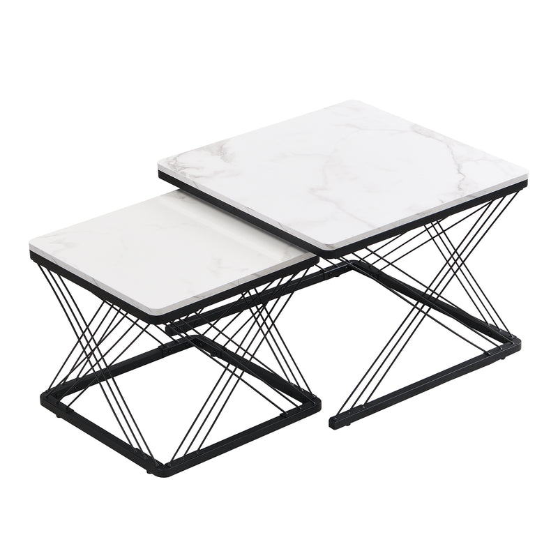Set de 2 Tables Basses Carrées Effet Marbre Blanc et Noir - Design Moderne avec Pieds Réglables AVEDS