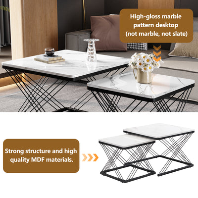Set de 2 Tables Basses Carrées Effet Marbre Blanc et Noir - Design Moderne avec Pieds Réglables AVEDS