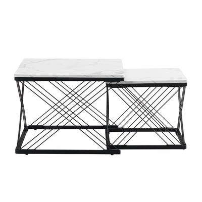 Set de 2 Tables Basses Carrées Effet Marbre Blanc et Noir - Design Moderne avec Pieds Réglables AVEDS