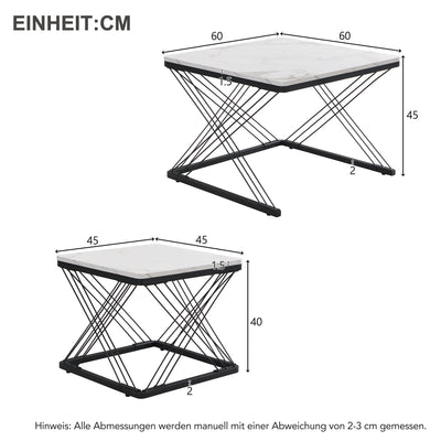 Set de 2 Tables Basses Carrées Effet Marbre Blanc et Noir - Design Moderne avec Pieds Réglables AVEDS