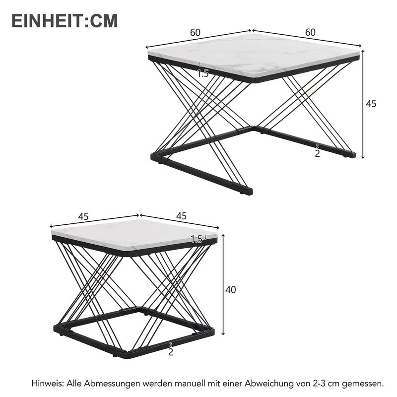 Set de 2 Tables Basses Carrées Effet Marbre Blanc et Noir - Design Moderne avec Pieds Réglables AVEDS