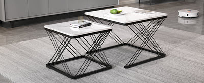 Set de 2 Tables Basses Carrées Effet Marbre Blanc et Noir - Design Moderne avec Pieds Réglables AVEDS