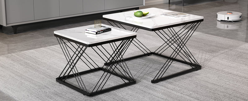 Set de 2 Tables Basses Carrées Effet Marbre Blanc et Noir - Design Moderne avec Pieds Réglables AVEDS