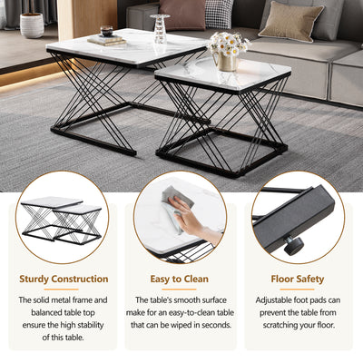 Set de 2 Tables Basses Carrées Effet Marbre Blanc et Noir - Design Moderne avec Pieds Réglables AVEDS