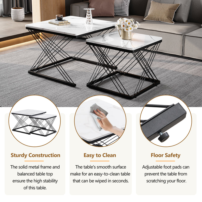 Set de 2 Tables Basses Carrées Effet Marbre Blanc et Noir - Design Moderne avec Pieds Réglables AVEDS