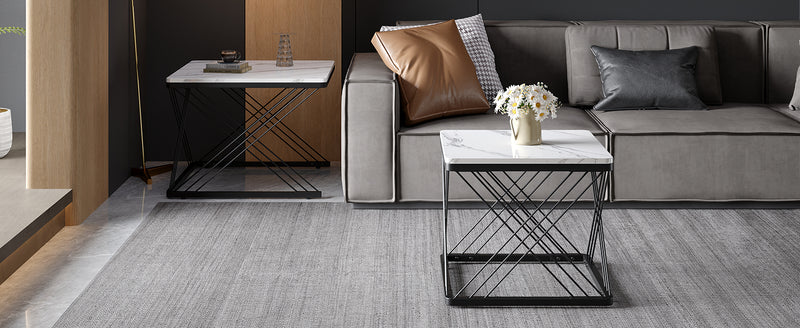 Set de 2 Tables Basses Carrées Effet Marbre Blanc et Noir - Design Moderne avec Pieds Réglables AVEDS