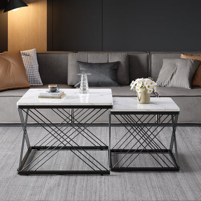 Set de 2 Tables Basses Carrées Effet Marbre Blanc et Noir - Design Moderne avec Pieds Réglables AVEDS