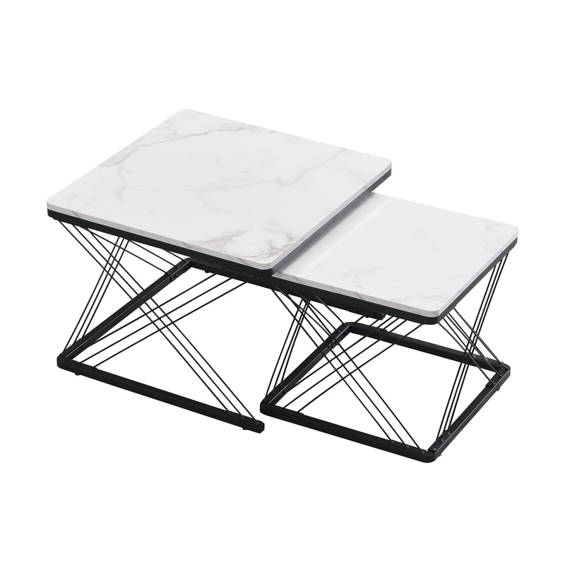 Set de 2 Tables Basses Carrées Effet Marbre Blanc et Noir - Design Moderne avec Pieds Réglables AVEDS