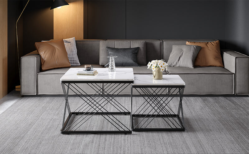 Set de 2 Tables Basses Carrées Effet Marbre Blanc et Noir - Design Moderne avec Pieds Réglables AVEDS