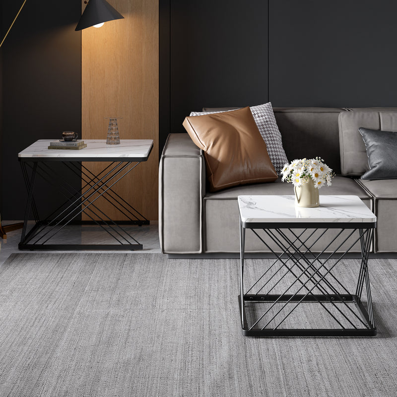 Set de 2 Tables Basses Carrées Effet Marbre Blanc et Noir - Design Moderne avec Pieds Réglables AVEDS