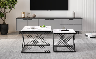 Set de 2 Tables Basses Carrées Effet Marbre Blanc et Noir - Design Moderne avec Pieds Réglables AVEDS