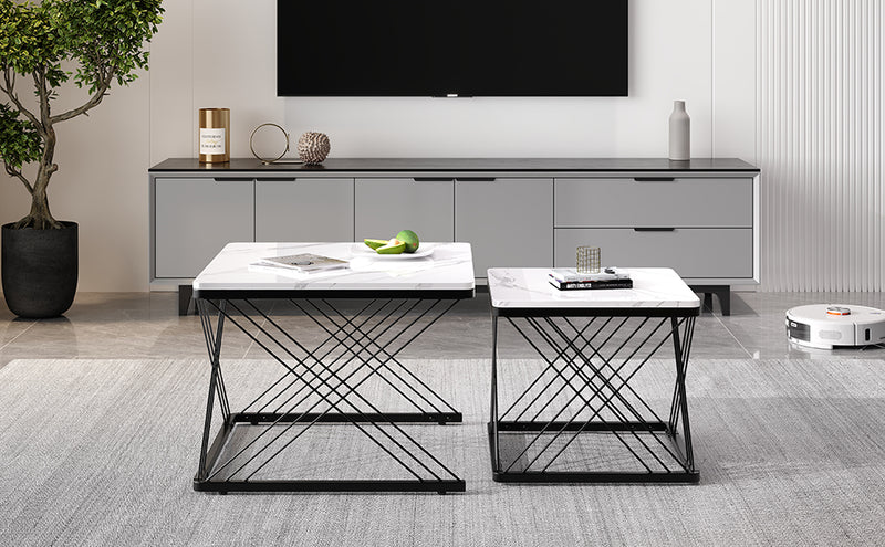 Set de 2 Tables Basses Carrées Effet Marbre Blanc et Noir - Design Moderne avec Pieds Réglables AVEDS