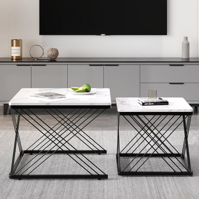 Set de 2 Tables Basses Carrées Effet Marbre Blanc et Noir - Design Moderne avec Pieds Réglables AVEDS
