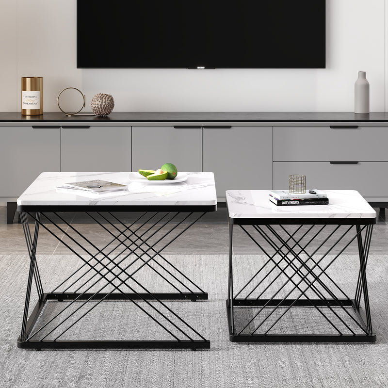 Set de 2 Tables Basses Carrées Effet Marbre Blanc et Noir - Design Moderne avec Pieds Réglables AVEDS