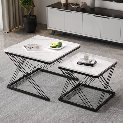 Set de 2 Tables Basses Carrées Effet Marbre Blanc et Noir - Design Moderne avec Pieds Réglables AVEDS