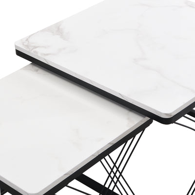 Set de 2 Tables Basses Carrées Effet Marbre Blanc et Noir - Design Moderne avec Pieds Réglables AVEDS