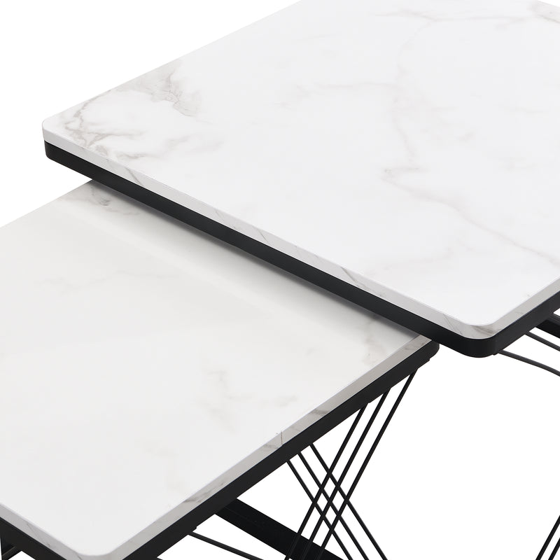 Set de 2 Tables Basses Carrées Effet Marbre Blanc et Noir - Design Moderne avec Pieds Réglables AVEDS