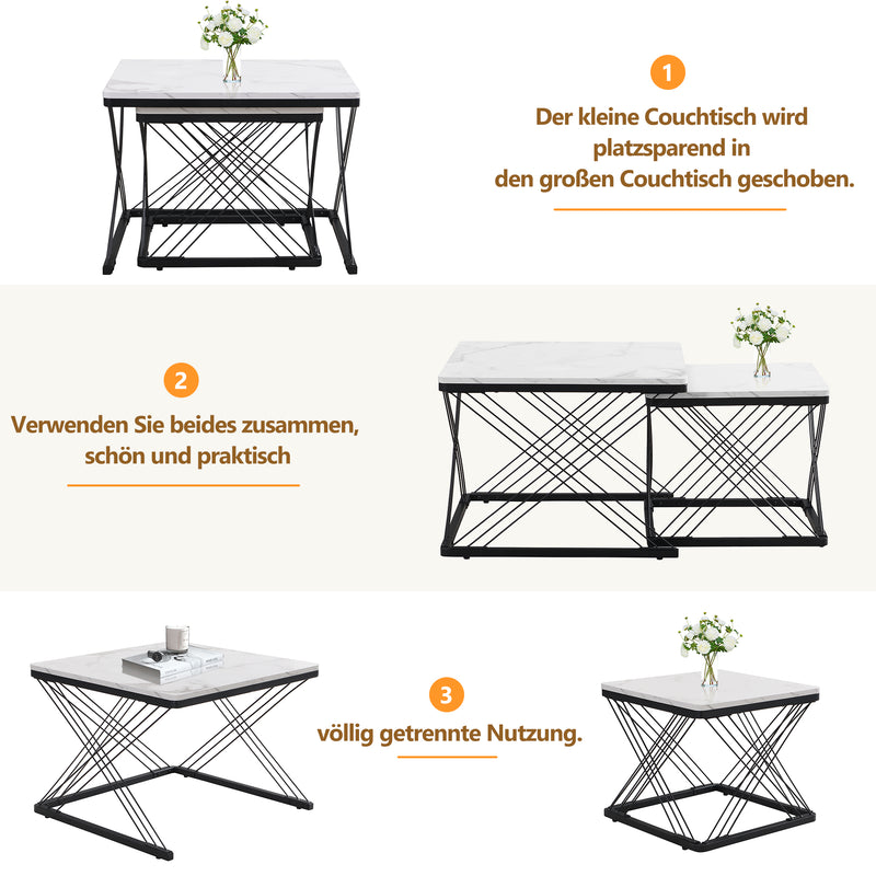 Set de 2 Tables Basses Carrées Effet Marbre Blanc et Noir - Design Moderne avec Pieds Réglables AVEDS