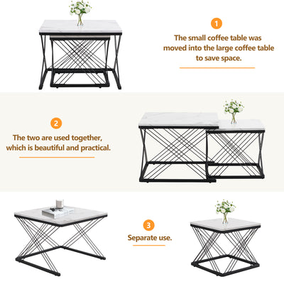 Set de 2 Tables Basses Carrées Effet Marbre Blanc et Noir - Design Moderne avec Pieds Réglables AVEDS