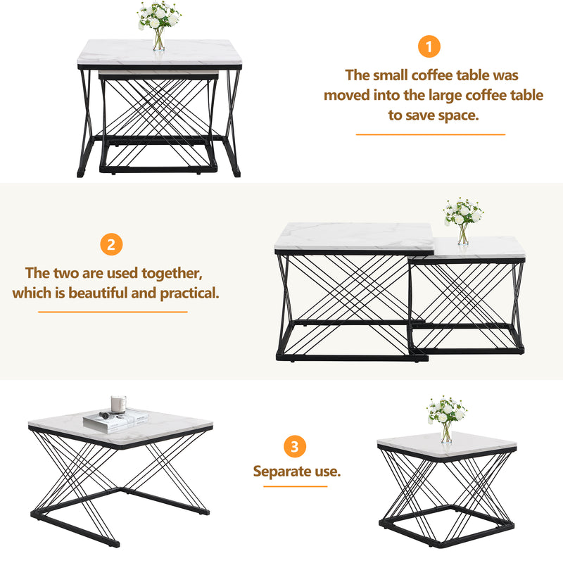 Set de 2 Tables Basses Carrées Effet Marbre Blanc et Noir - Design Moderne avec Pieds Réglables AVEDS