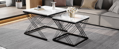 Set de 2 Tables Basses Carrées Effet Marbre Blanc et Noir - Design Moderne avec Pieds Réglables AVEDS