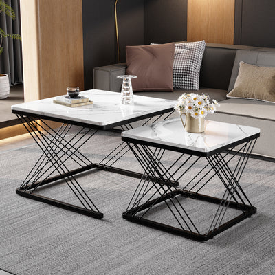 Set de 2 Tables Basses Carrées Effet Marbre Blanc et Noir - Design Moderne avec Pieds Réglables AVEDS