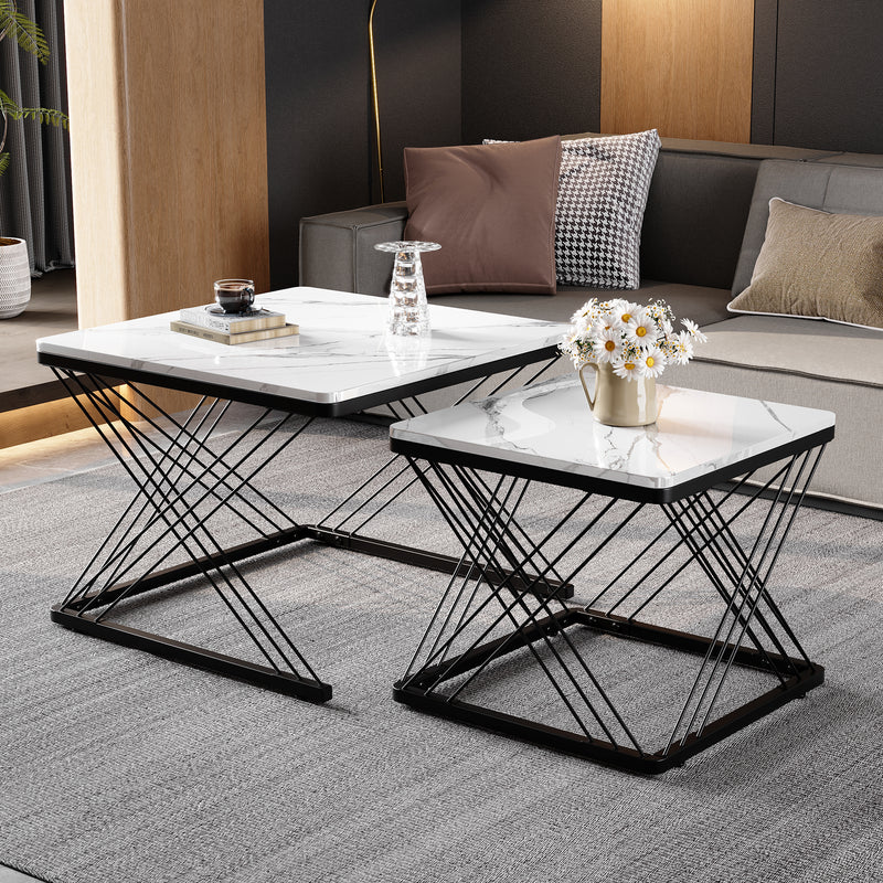 Set de 2 Tables Basses Carrées Effet Marbre Blanc et Noir - Design Moderne avec Pieds Réglables AVEDS