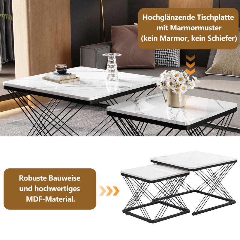 Set de 2 Tables Basses Carrées Effet Marbre Blanc et Noir - Design Moderne avec Pieds Réglables AVEDS
