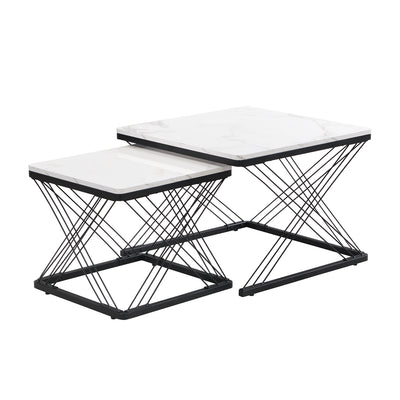 Set de 2 Tables Basses Carrées Effet Marbre Blanc et Noir - Design Moderne avec Pieds Réglables AVEDS