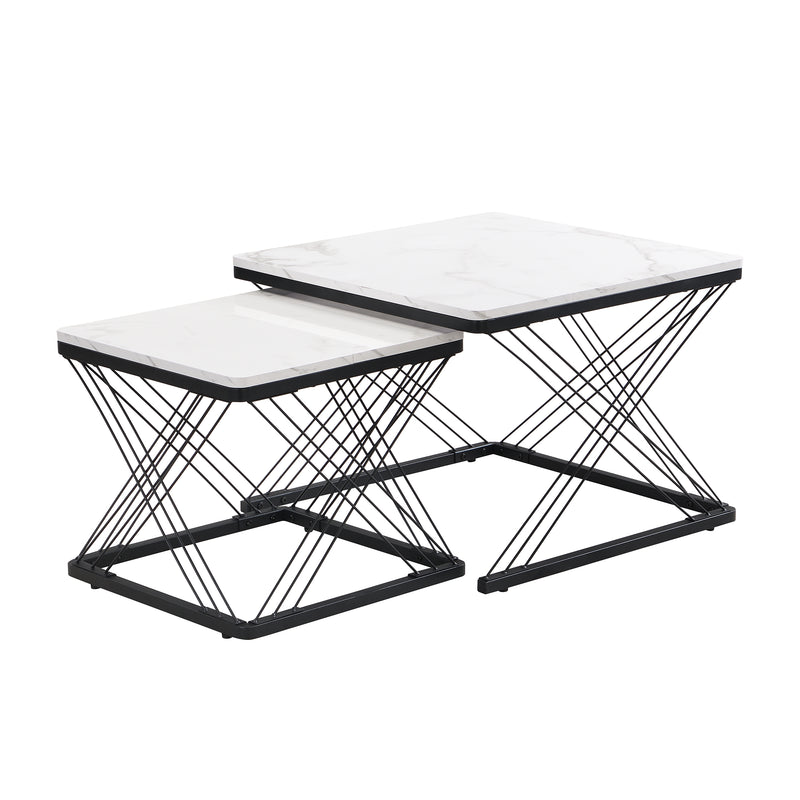 Set de 2 Tables Basses Carrées Effet Marbre Blanc et Noir - Design Moderne avec Pieds Réglables AVEDS