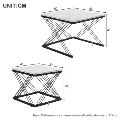 Set de 2 Tables Basses Carrées Effet Marbre Blanc et Noir - Design Moderne avec Pieds Réglables AVEDS