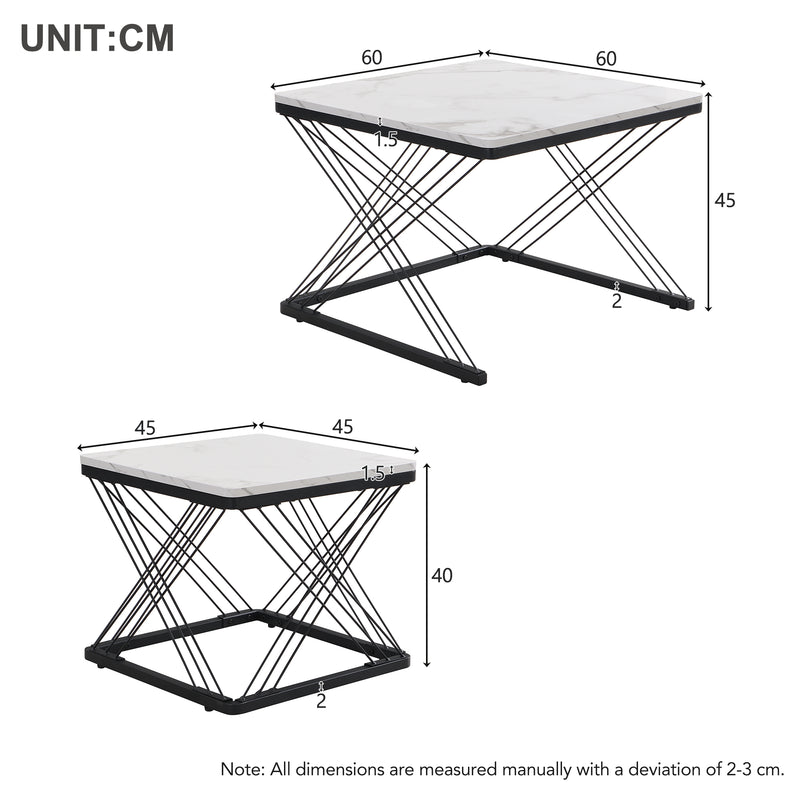 Set de 2 Tables Basses Carrées Effet Marbre Blanc et Noir - Design Moderne avec Pieds Réglables AVEDS