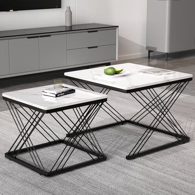 Set de 2 Tables Basses Carrées Effet Marbre Blanc et Noir - Design Moderne avec Pieds Réglables AVEDS